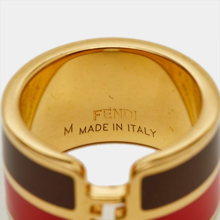 Pre Owned Fendi The Fendista Bicolor Enamel Gold Tone Wide Band Ring 53