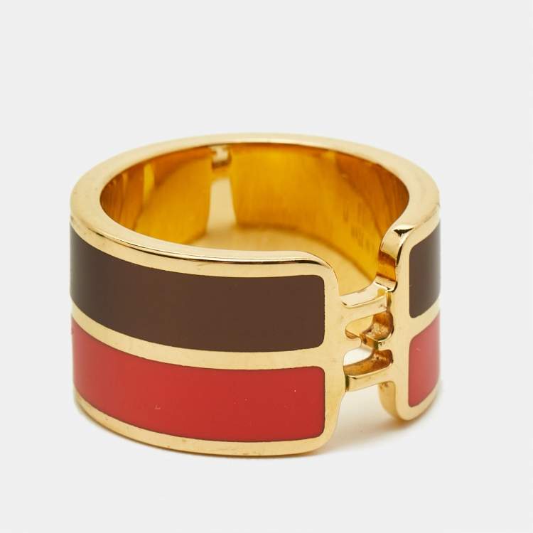 Pre Owned Fendi The Fendista Bicolor Enamel Gold Tone Wide Band Ring 53