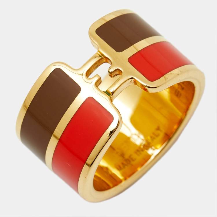Pre Owned Fendi The Fendista Bicolor Enamel Gold Tone Wide Band Ring 53