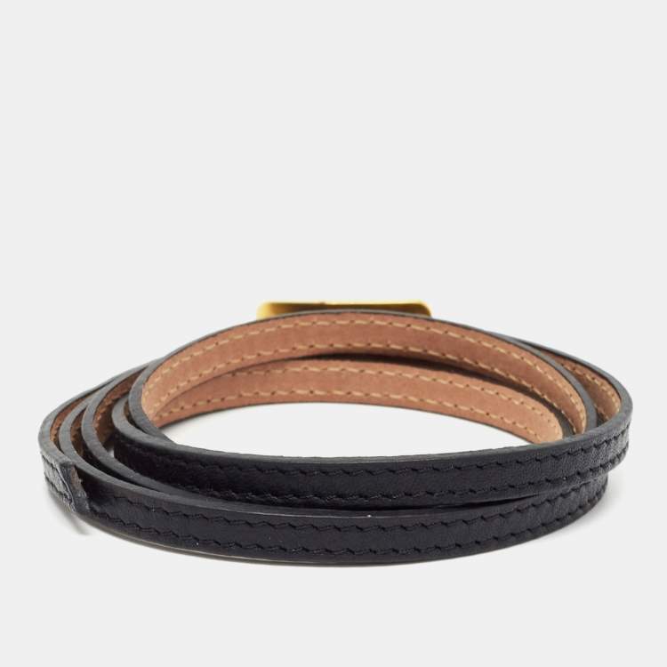 Pre Owned Fendi Black Leather Wrap Logo Bracelet