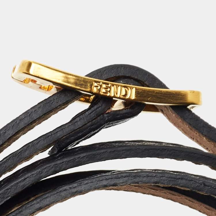 Pre Owned Fendi Black Leather Wrap Logo Bracelet