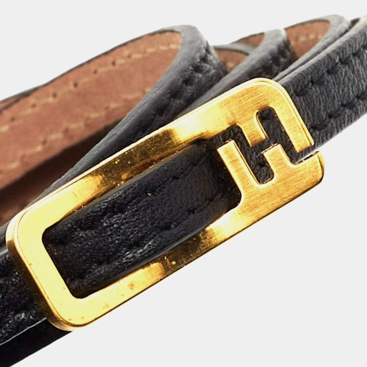Pre Owned Fendi Black Leather Wrap Logo Bracelet