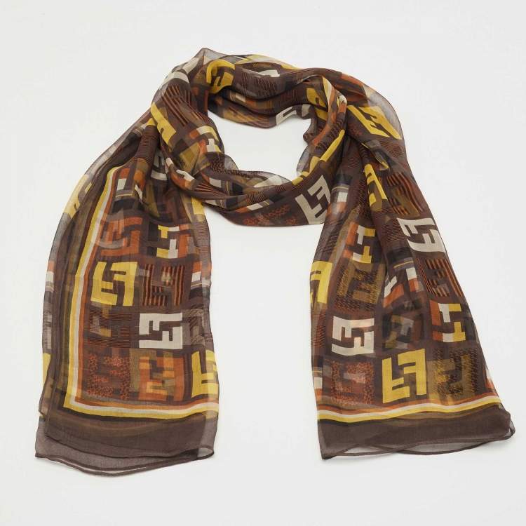 Pre Owned Fendi Brown FF Logo Print Silk Stole