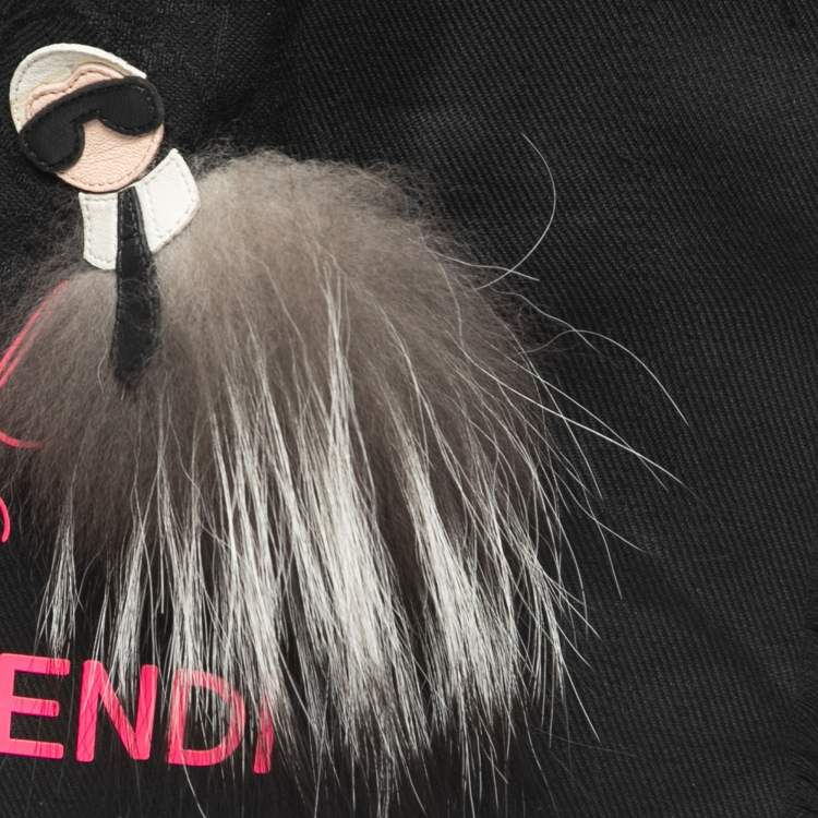 Pre Owned Fendi Black Fox Fur Applique Detail Silk & Wool Karlito Shawl