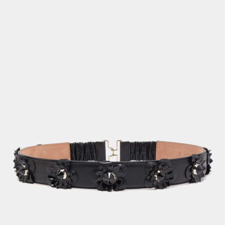 Pre Owned Fendi Black Leather and Patent Stretch Flowerland Waist Belt 85CM