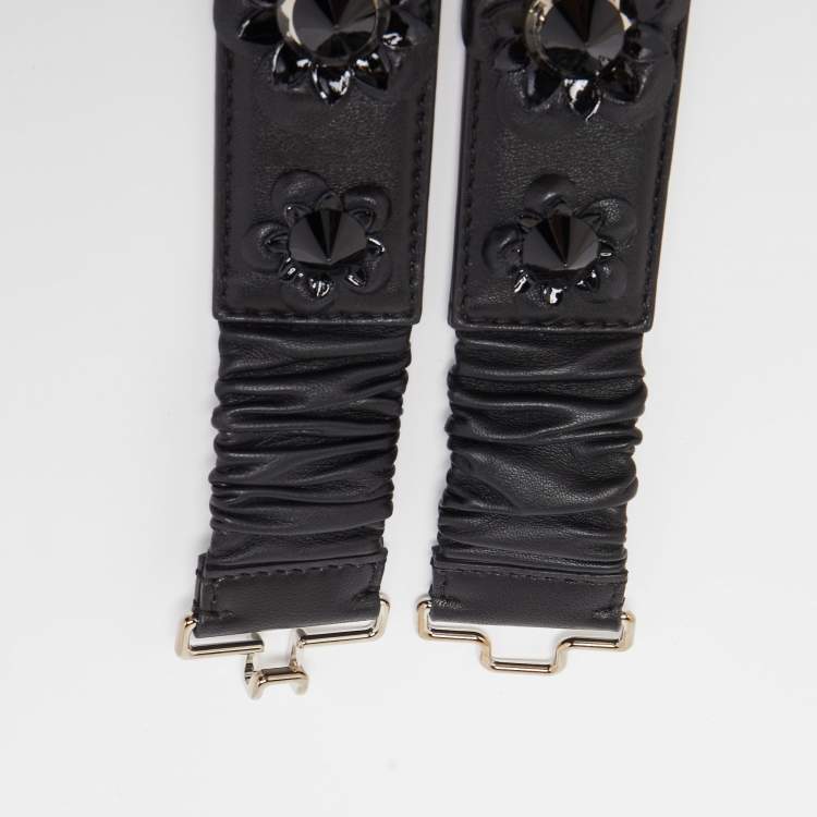 Pre Owned Fendi Black Leather and Patent Stretch Flowerland Waist Belt 85CM