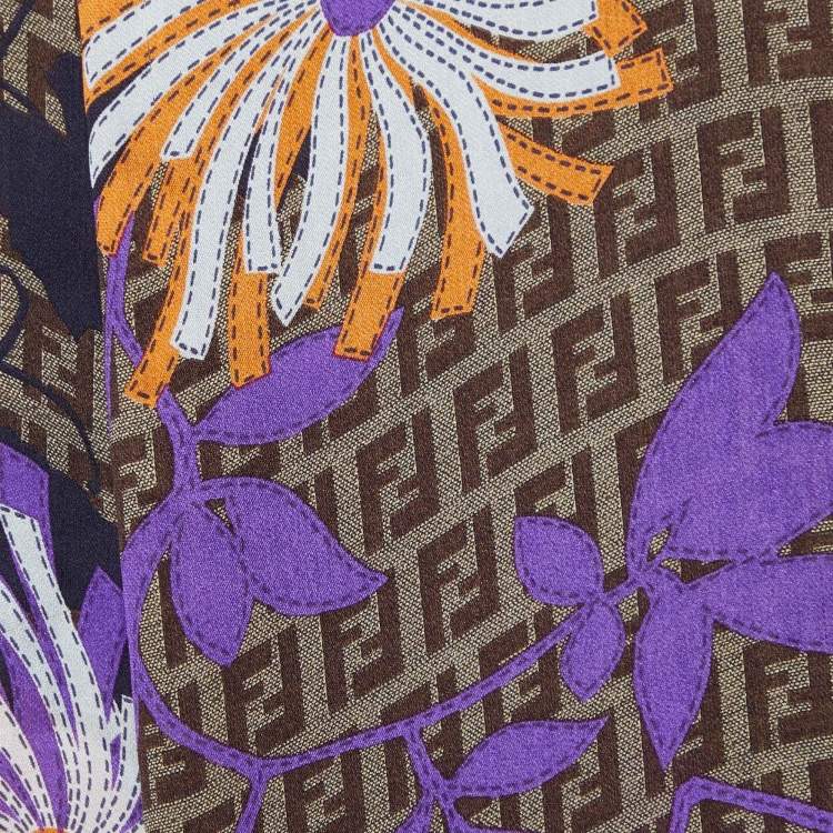 Pre Owned Fendi Brown Logo Monogram Floral Printed Silk Scarf