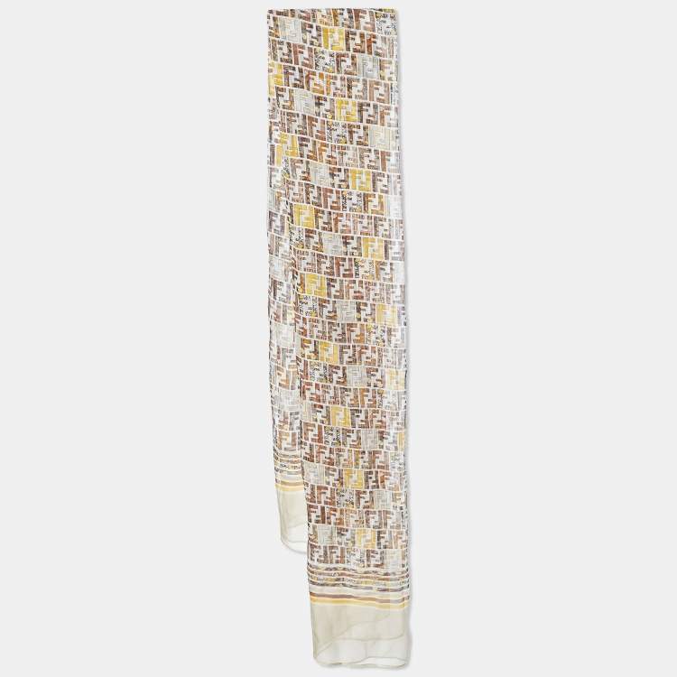 Pre Owned Fendi Cream Logo Monogram Printed Silk Scarf