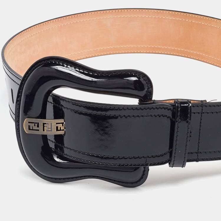 Pre Owned Fendi Black Patent Leather Buckle B Waist Belt 90CM