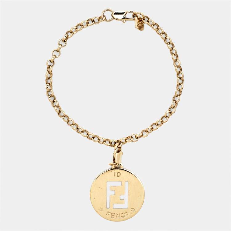 Pre Owned Fendi FF Identification Charm Gold Tone Chain Link Bracelet