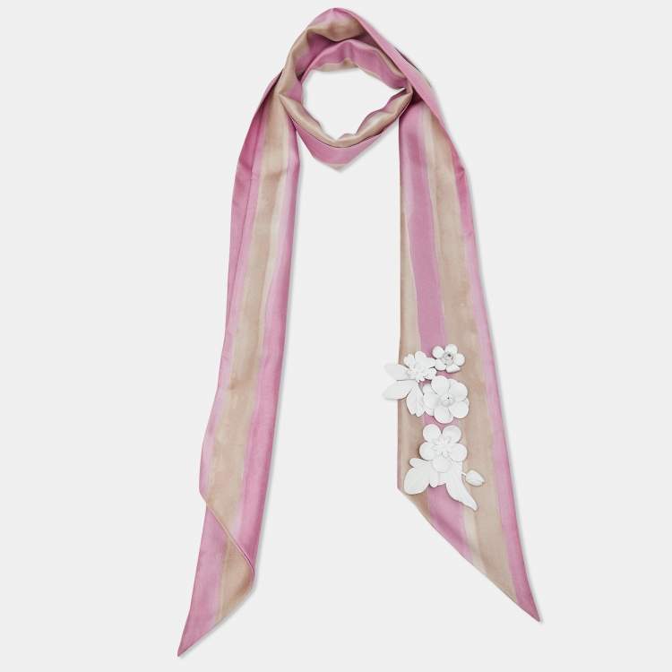 Pre Owned Fendi Pink Printed Silk Leather Floral Embellished Maxi Wrappy Scarf