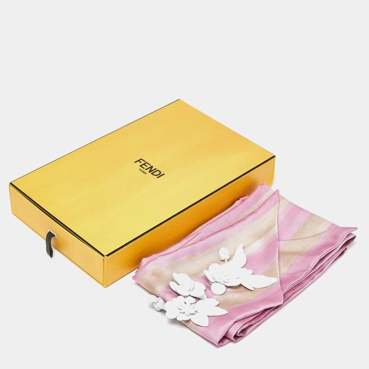 Pre Owned Fendi Pink Printed Silk Leather Floral Embellished Maxi Wrappy Scarf