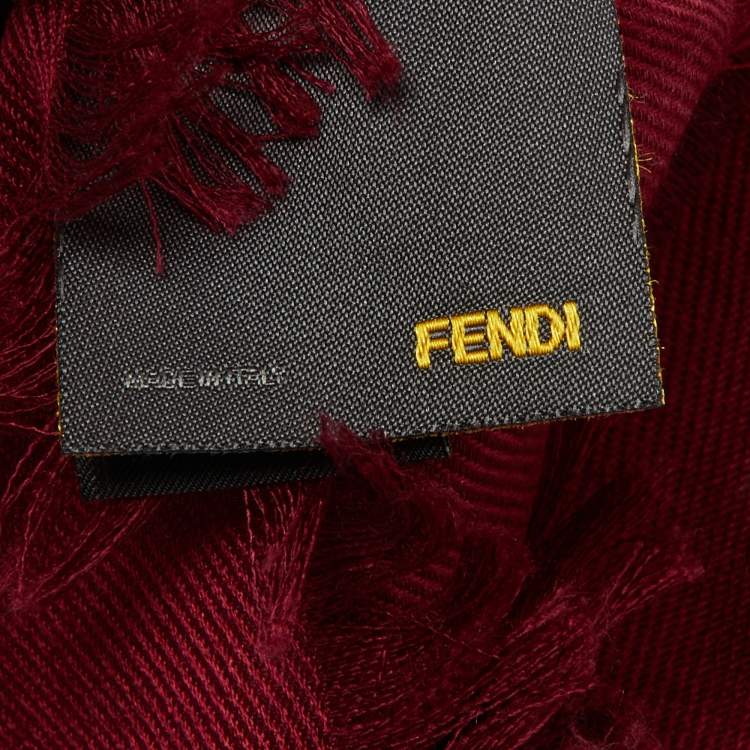 Pre Owned Fendi Burgundy Logo Monogram Silk & Wool Shawl