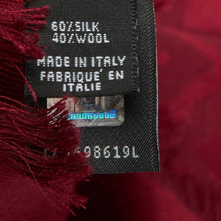 Pre Owned Fendi Burgundy Logo Monogram Silk & Wool Shawl