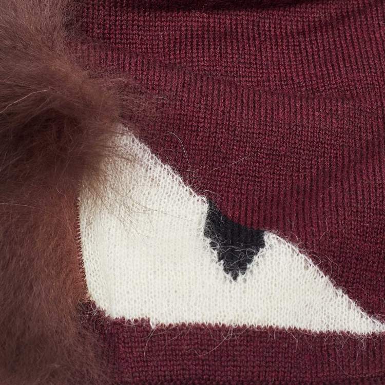 Pre Owned Fendi Burgundy Wool Monster Eye Fur Detail Beanie (One Size)