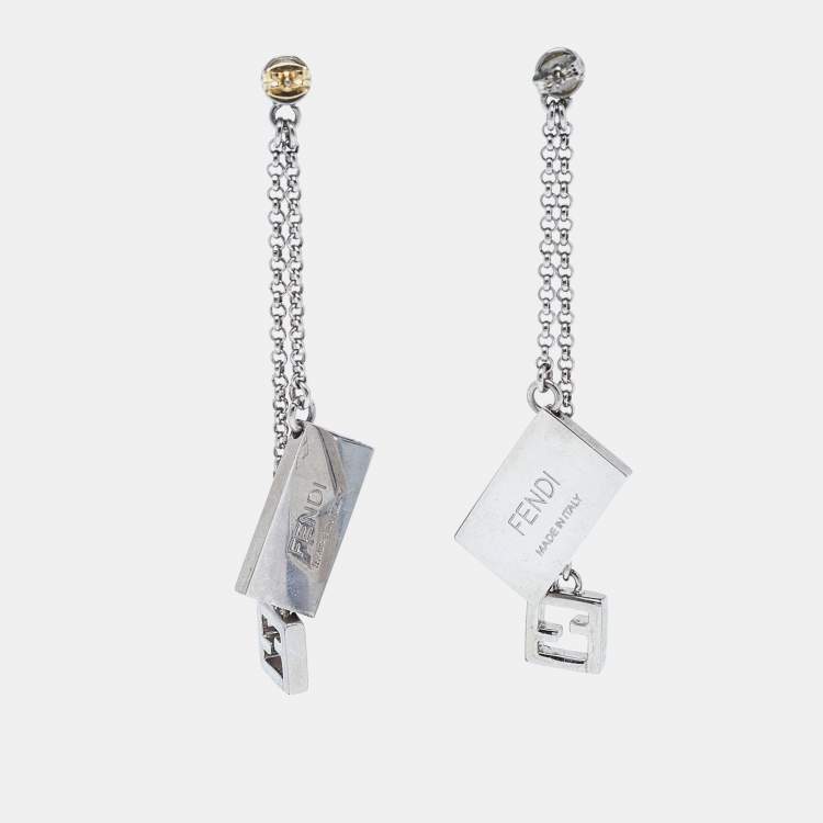 Pre Owned Fendi Silver Tone Chain Detail Logo Drop Earrings