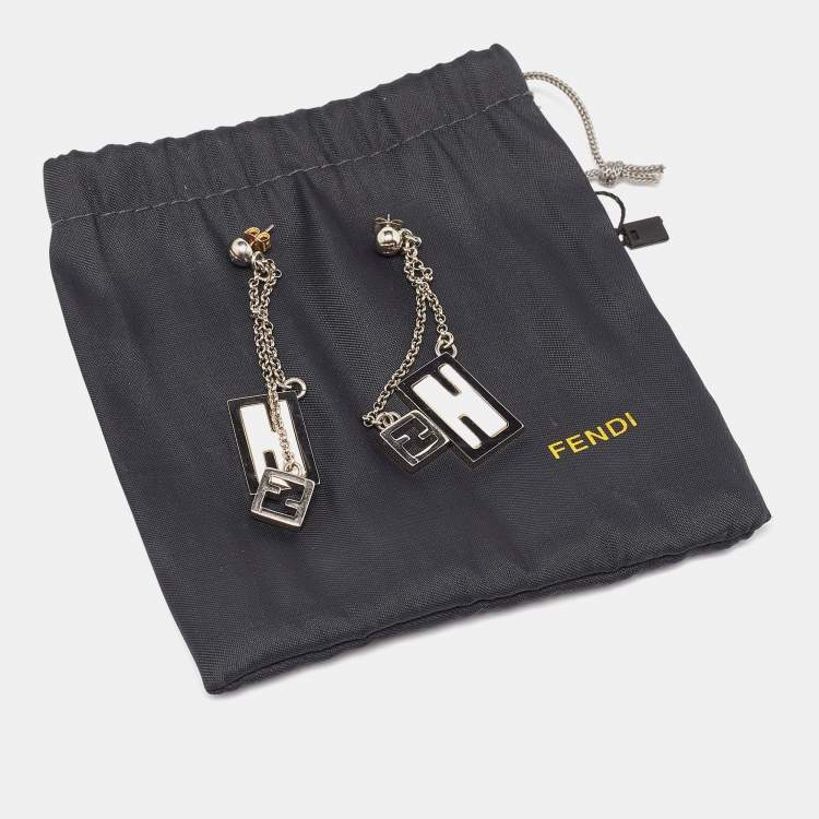 Pre Owned Fendi Silver Tone Chain Detail Logo Drop Earrings