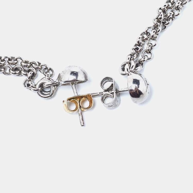 Pre Owned Fendi Silver Tone Chain Detail Logo Drop Earrings
