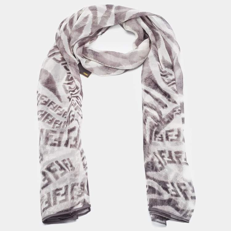 Pre Owned Fendi White/Grey Zucca Zebra Print Silk Chiffon Scarf