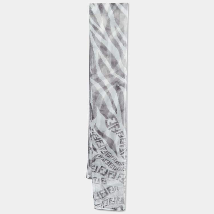 Pre Owned Fendi White/Grey Zucca Zebra Print Silk Chiffon Scarf