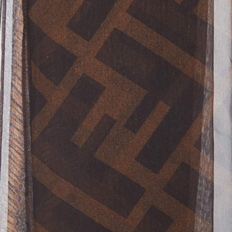 Pre Owned Fendi Brown Zucca Buckle Print Silk Chiffon Scarf