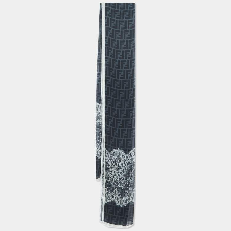 Pre Owned Fendi  Grey Zucca Lace Print Silk Chiffon Scarf