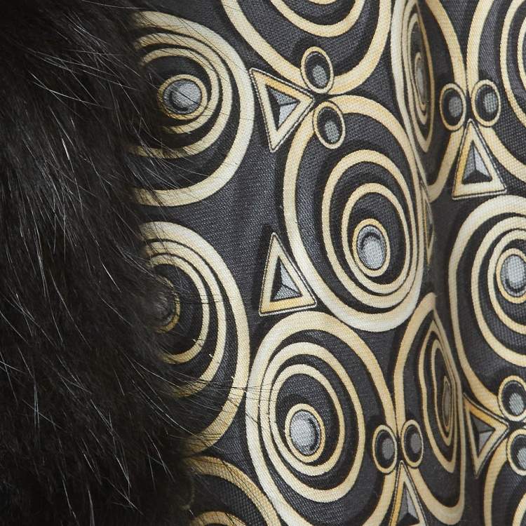Pre Owned Fendi Dark Grey Touch of Fur Printed Silk & Wool Scarf