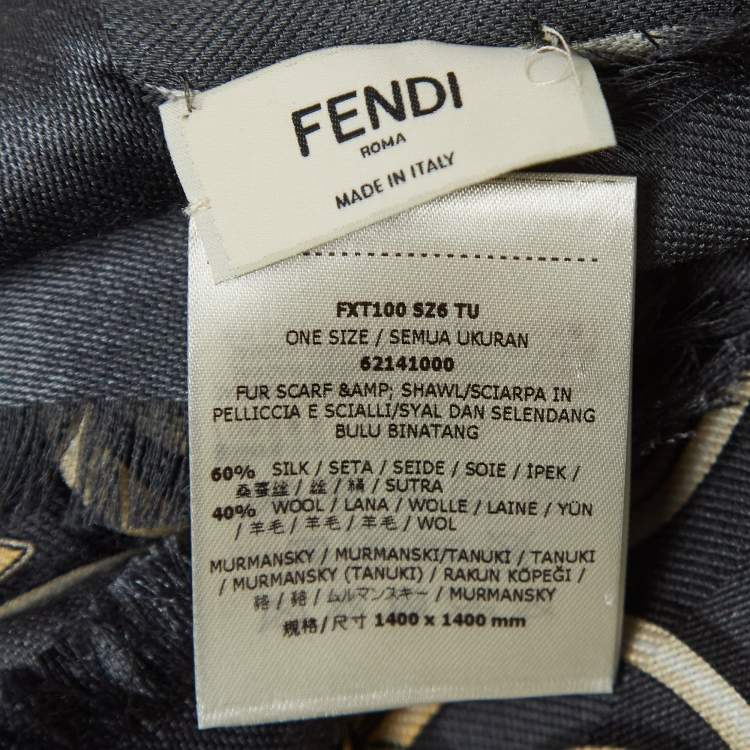 Pre Owned Fendi Dark Grey Touch of Fur Printed Silk & Wool Scarf