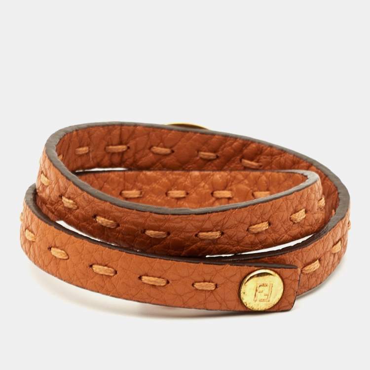 Pre Owned Fendi Selleria Leather Gold Tone Bracelet