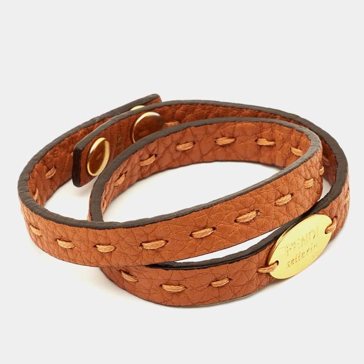 Pre Owned Fendi Selleria Leather Gold Tone Bracelet
