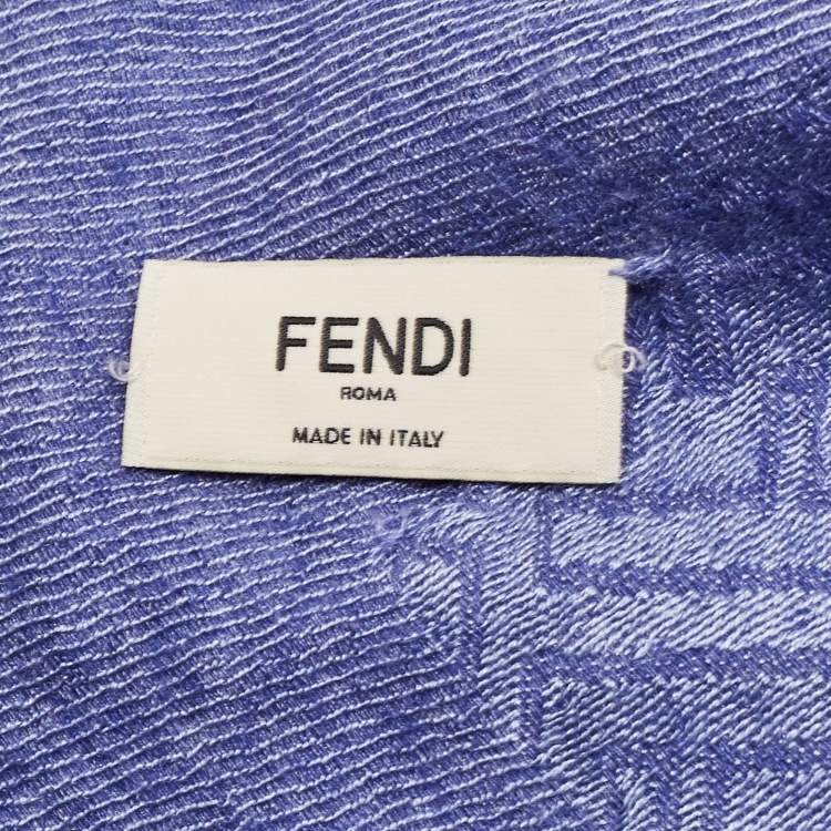 Pre Owned Fendi Blue FF Patterned Cashmere & Silk Fringed Scarf