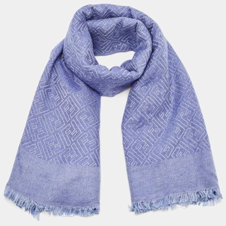 Pre Owned Fendi Blue FF Patterned Cashmere & Silk Fringed Scarf