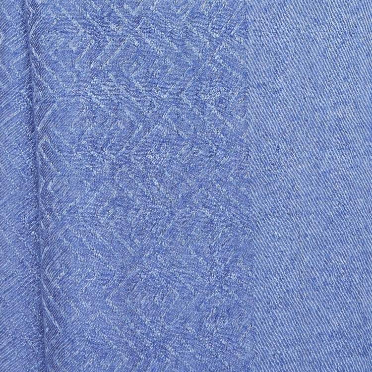 Pre Owned Fendi Blue FF Patterned Cashmere & Silk Fringed Scarf