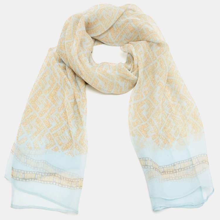 Pre Owned Fendi Light Blue Zucca Print Silk Chiffon Scarf