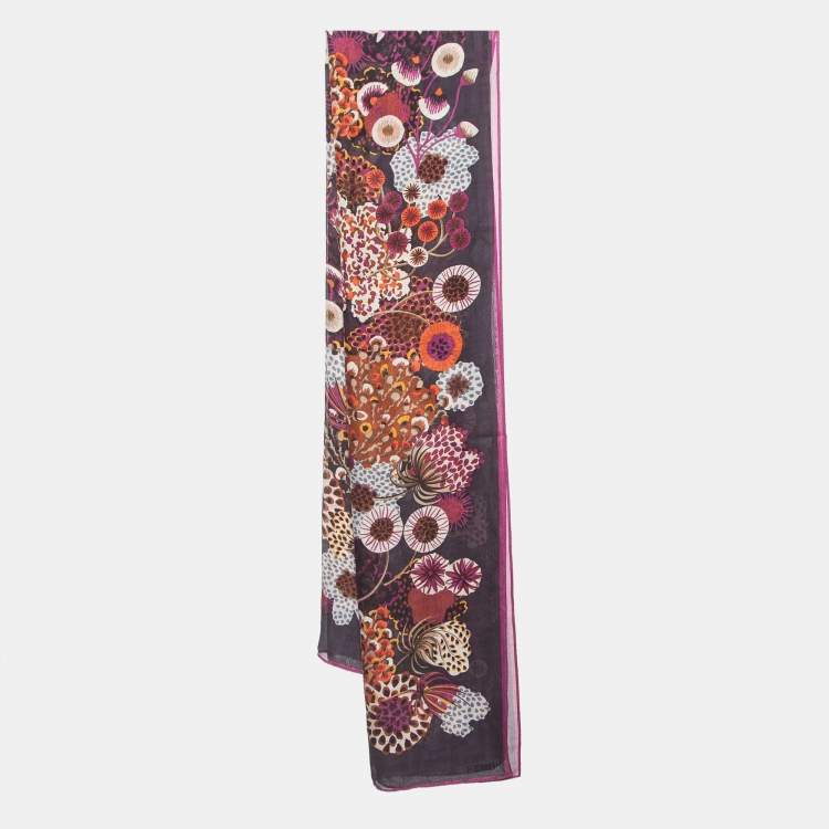 Pre Owned Fendi Purple Floral Print Silk Chiffon Scarf