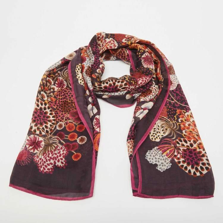 Pre Owned Fendi Purple Floral Print Silk Chiffon Scarf