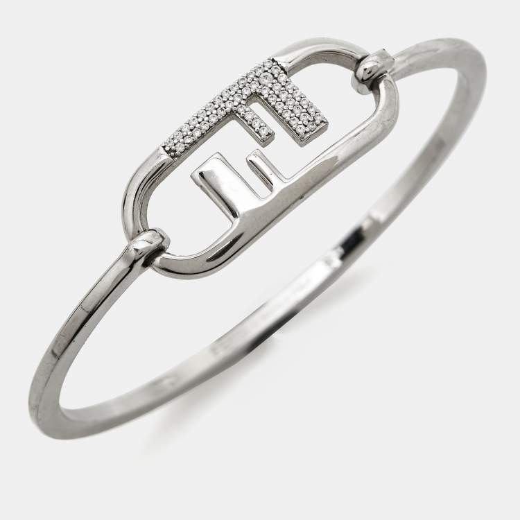 Pre Owned Fendi O'Lock Crystal Silver Tone Bracelet S