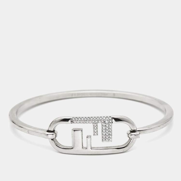 Pre Owned Fendi O'Lock Crystal Silver Tone Bracelet S
