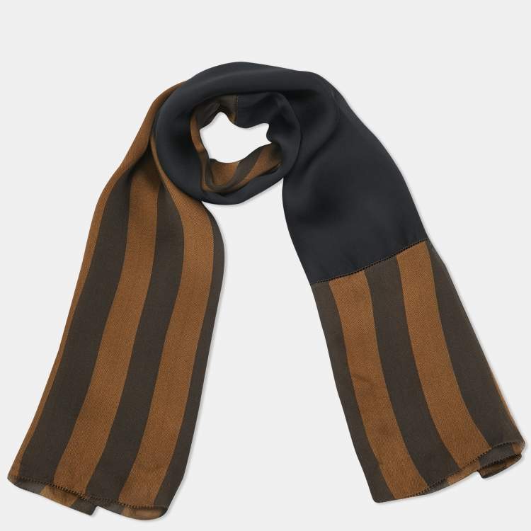 Pre Owned Fendi Black /Brown Pequin Striped Silk Chiffon Scarf