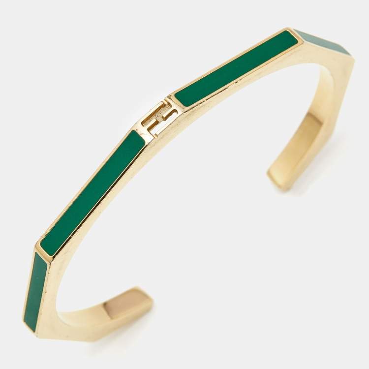 Pre Owned Fendi Baguette Enamel Gold Tone Open Cuff Bracelet S