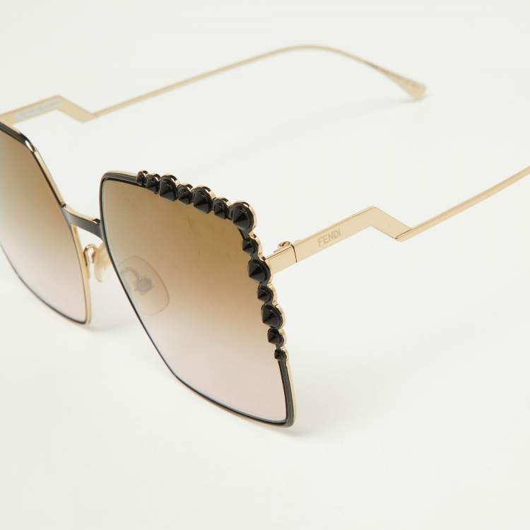 Pre Owned Fendi Gold Tone/Brown Pink Ombré FF0259/S Studded Geometric Sunglasses