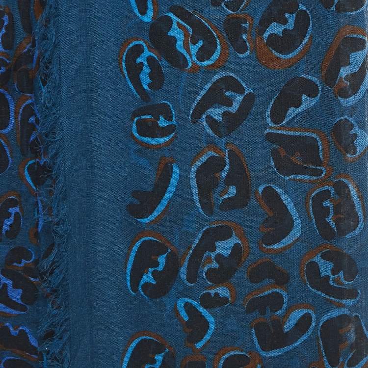 Pre Owned Fendi Blue Zucca Leopard Pattern Printed Modal & Silk Scarf