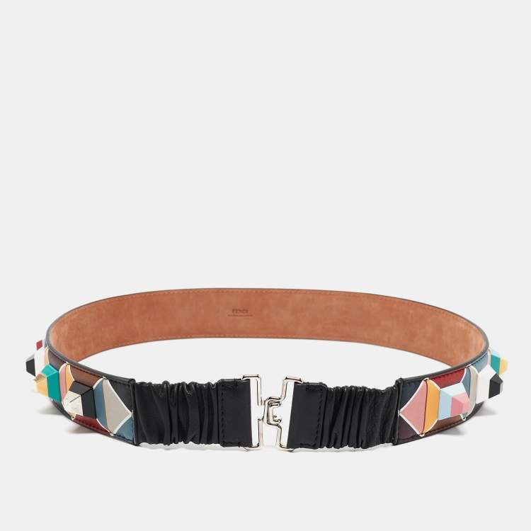 Pre Owned Fendi Multicolor Printed Leather Studded Belt 85 CM