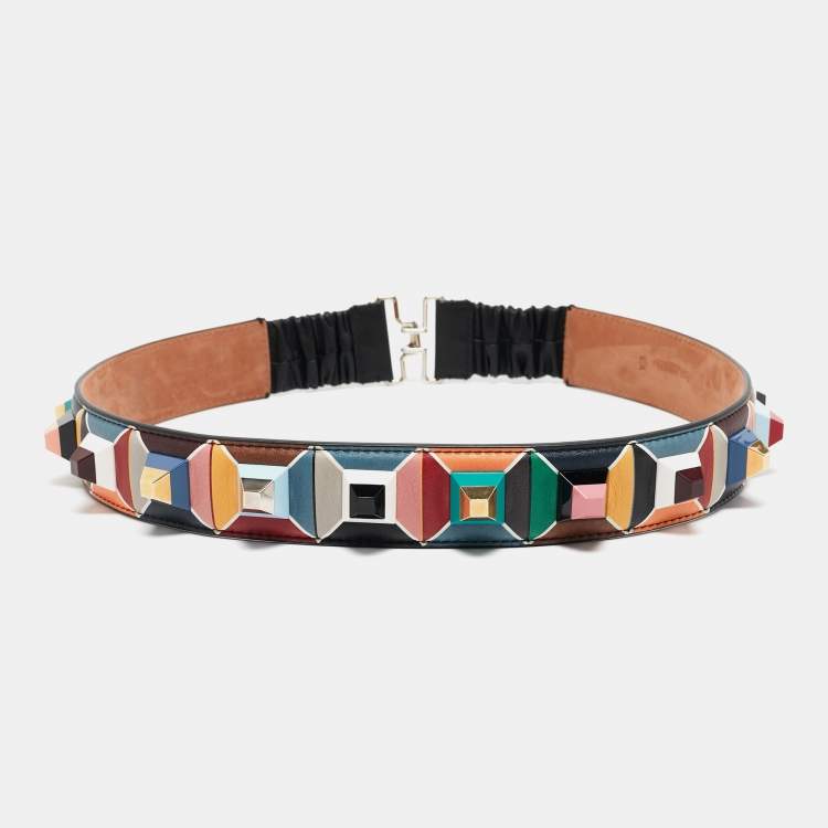 Pre Owned Fendi Multicolor Printed Leather Studded Belt 85 CM
