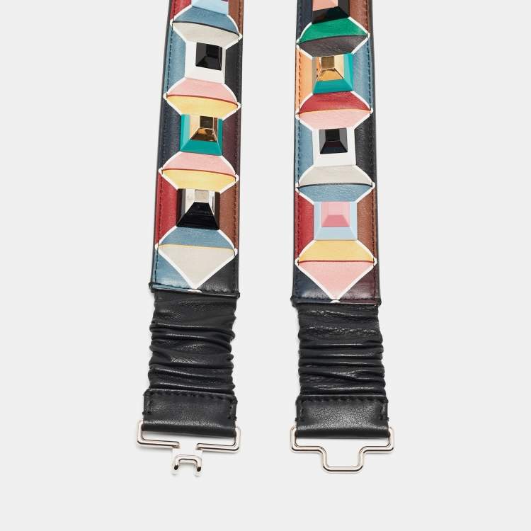 Pre Owned Fendi Multicolor Printed Leather Studded Belt 85 CM