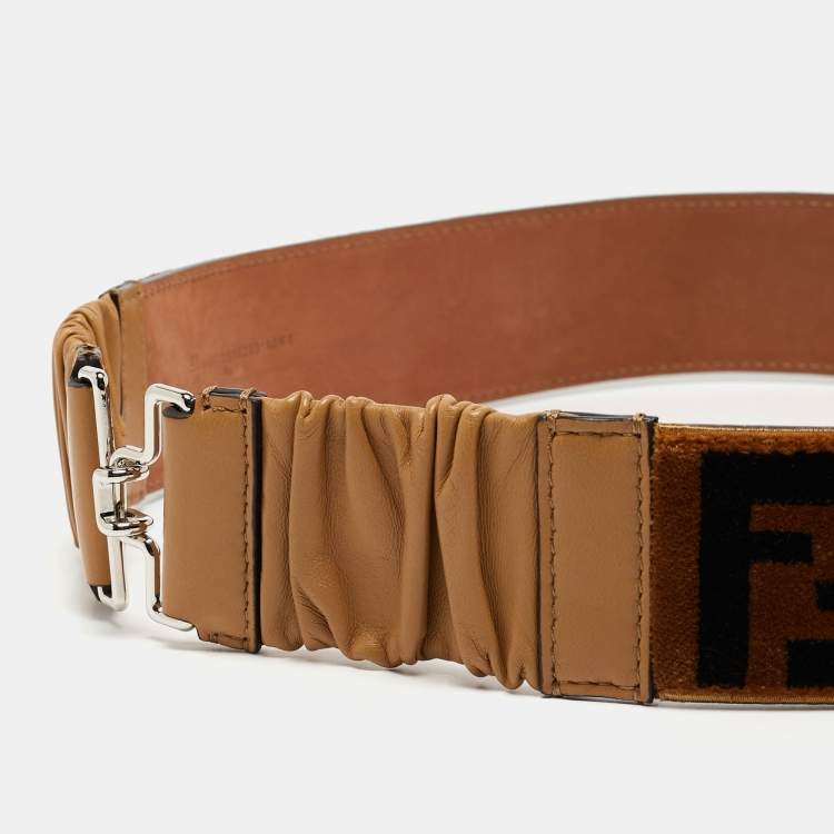 Pre Owned Fendi Brown/Black Zucca Velvet and Pleated Leather Waist Belt 85CM