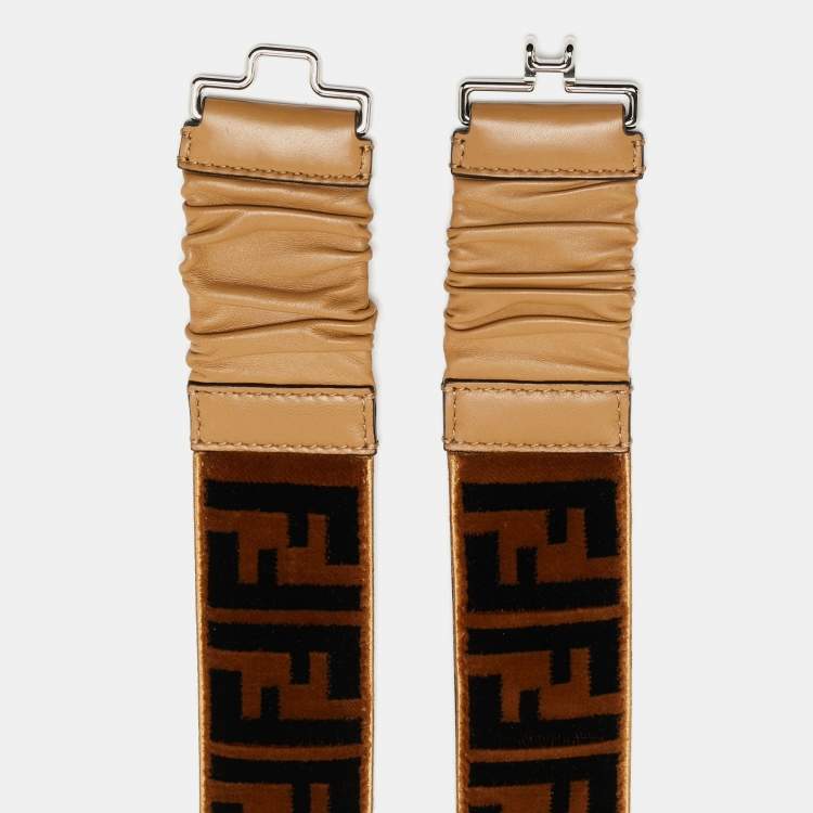 Pre Owned Fendi Brown/Black Zucca Velvet and Pleated Leather Waist Belt 85CM