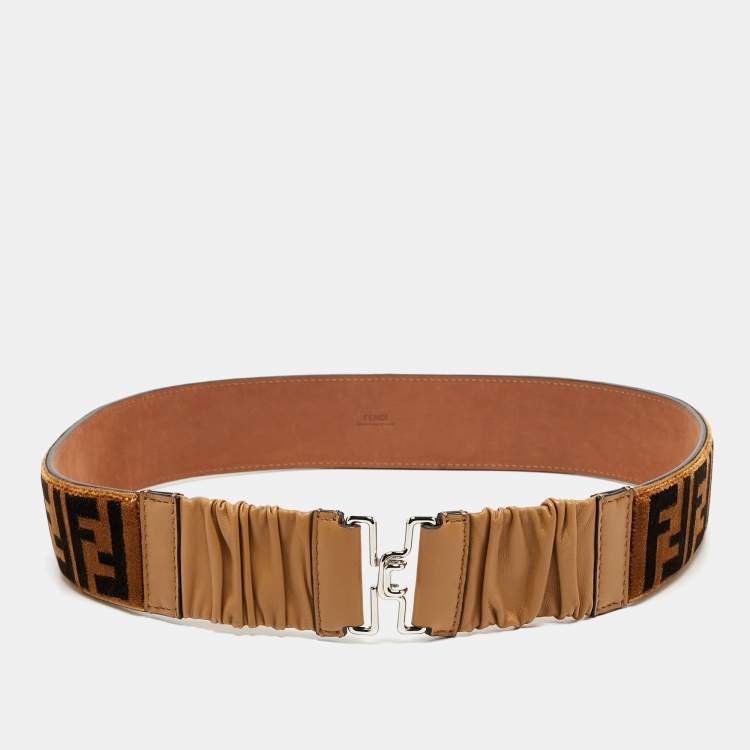 Pre Owned Fendi Brown/Black Zucca Velvet and Pleated Leather Waist Belt 85CM
