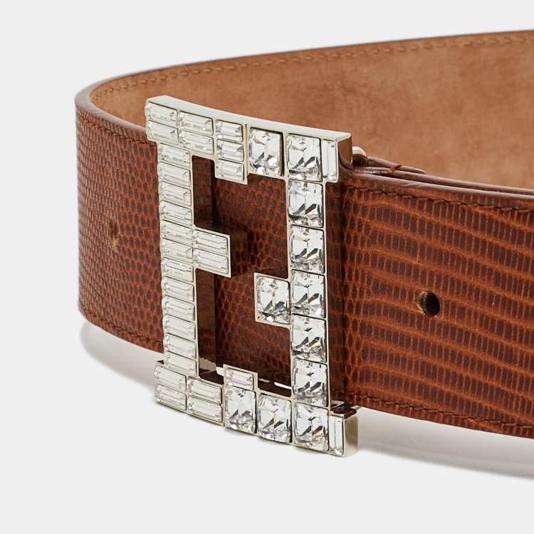 Pre Owned Fendi Brown Lizard Embossed Leather FF Crystal Logo Buckle Belt 85 CM
