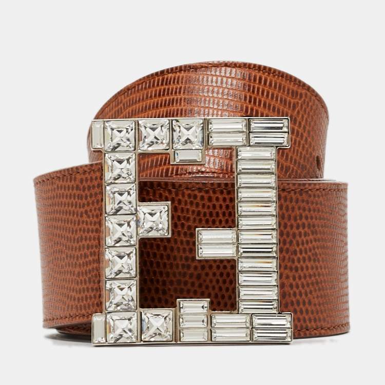 Pre Owned Fendi Brown Lizard Embossed Leather FF Crystal Logo Buckle Belt 85 CM